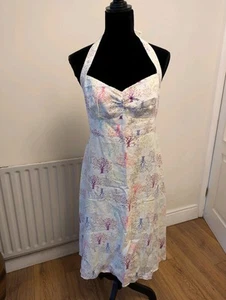 White Stuff Summer Linen Dress 14 Womens Halter Neck Fully Lined Tree Print NWOT - Picture 1 of 8
