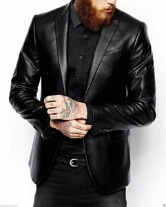 Men's Black Leather Blazer Genuine Lambskin Slim Fit Two Button Jacket Coat - Picture 1 of 3