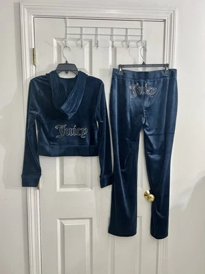 Juicy Couture Classic Velour Tracksuit Set Hoodie & Pants Navy Rhinestone Size M - Image 1 of 4
