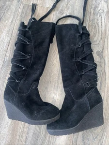 Bearpaw Tall Black Suede Fleece Lined Laced Platform Wedge Boots Women’s Size 7 - Picture 1 of 11