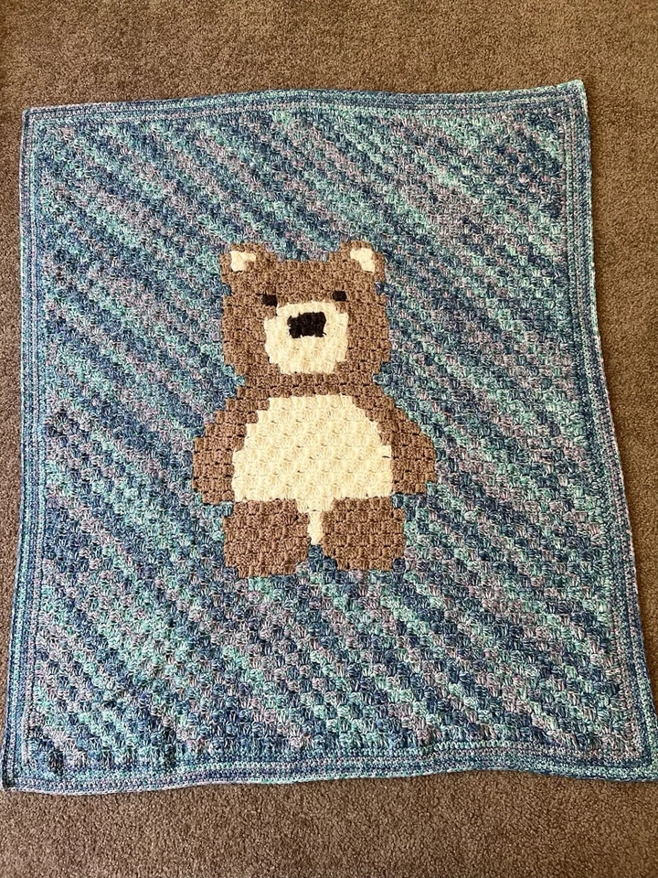 Handmade Crochet Blue Blended Teddy Bear Baby Blanket - image 1 of 4