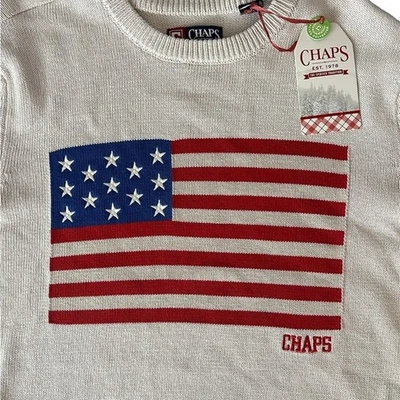 Chaps American Flag USA Sweater Men Size Small Oatmeal HeatherCrewneck NEW - Image 1 of 4