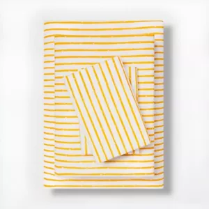 rOOm EssENtiALs 4PC YELLOW STRIPE FLAT FITTED PILLOWCASES FULL SIZE SHEET SET - Picture 1 of 1