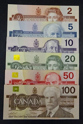 Billetes canadienses de $2-$100 de la década de 1980 - varios grados de calidad Foto 1 de 3