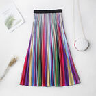 Women's Summer Rainbow Chiffon Pleated Skirt Mid Length Elastic Waist Skirt Larg