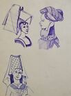 Vintage ink painting Renaissance ladies hats study