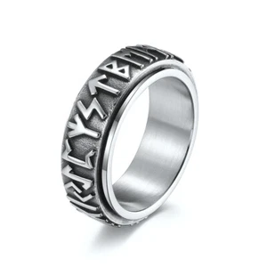 Vintage Viking Runes Spinning Ring Stainless Steel Men's Biker Punk Ring Silver - Picture 1 of 4