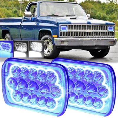 一对 7X6" 5X7" 光环 LED 车头灯蓝色 DRL 适合 82-93 雪佛兰 C10 C20 C4 GMC S15 — 第 1/4 张图片