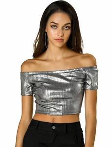 Allegra K Women's Metallic Party Off Shoulder Crop Top shirt Bluse - Picture 1 of 12