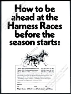 Arnés 1970 carreras caballo arte Hollywood Park pista de carreras anuncio impreso vintage - Imagen 1 de 7