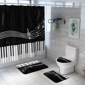 Piano Shower Curtain and Bath-Mat Set Black and White Bathroom Accessories 4Pcs - Picture 1 of 10