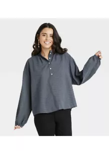 Universal Faden romantische Dichterbluse Gauzy strukturiert durchsichtig Cottagecore blau grau - Bild 1 von 4