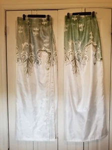 Vntg Drapes Pinch Pleat 2 Panels Green White Fleur De Lis 55”L X 58”W READ - Picture 1 of 19