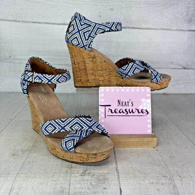 Toms SIENNA Blue White Canvas Diamond Peep Toe High Cork Wedge Heel Shoes Size 7 - Image 1 of 4