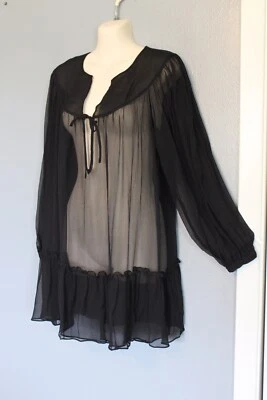 Free People Black Semi Sheer Silk Chiffon Tunic Top Blouse 4 Ruffled Hem - Image 1 of 4