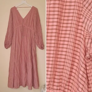 Country Road Cotton Silk Midi Dress AU6 Pink Brown Check Pockets Cottagecore - Picture 1 of 11