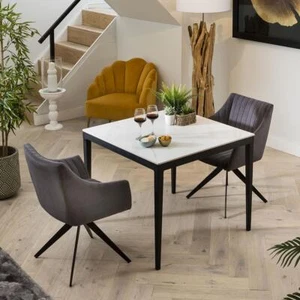 Compact 2 Person Dining Set - White Ceramic Marble Table - Carver Dining Chairs - Picture 1 of 8