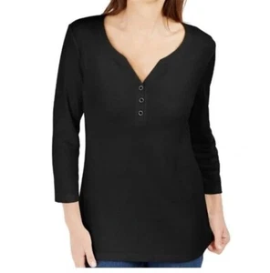Karen Scott Petite 3/4-Sleeve Henley Shirt Deep Black PP - Picture 1 of 3