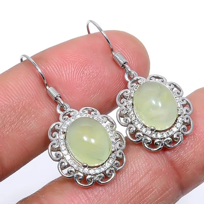 African Prehnite & Cubic Zirconia 925 Sterling Silver Earring 1.29" T26 - Image 1 of 3