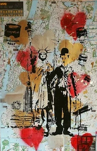 CHARLIE CHAPLIN Handmade Silkscreen On New York Bike And Subway Map. Signed. - Picture 1 of 4