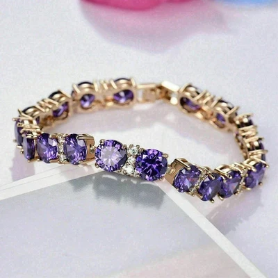 7Ct Lab-Created Amethyst & Diamond 7.5" Tennis Bracelet 14K Yellow Gold Plated - Image 1 of 4