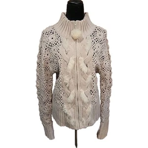 Great Cavalier by St Paul Womens Crochet Cardigan Sz L Ivory Full Zip Fur Detail - Picture 1 of 5
