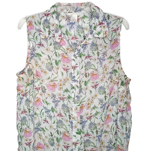 H&M ärmellose Chiffon Bluse Gr. 14 weiß Blumen Knopfleiste transparent romantisch Top - Bild 1 von 13