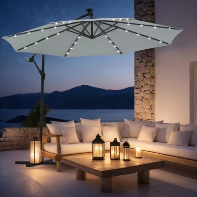 OYAJIA 3M Banana Parasol Sun Shade Patio Hanging Umbrella Cantilever Garden 32 LED