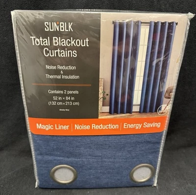 SUN+BLK TOTAL BLACKOUT CURTAINS 2 Panels 52" x 84" Noise Reduction Kinsley NAVY - Image 1 of 4