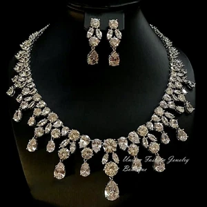 Simulated Diamond Necklace Earrings Set 18K White Gold Filled Over Bridal Jewel - Picture 1 of 14