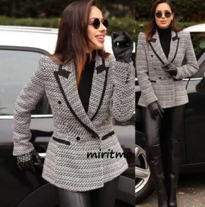A004 ZARA BLAZER  TEXTURED WITH PIPING CONTRAST ECRU BLACK JACKET COAT - M - Bild 1 von 17