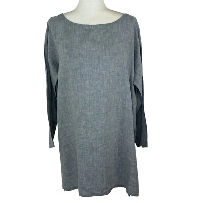 Top túnica Eileen Fisher talla L? Playa larga de lujo tranquila de lino azul gris Slv Foto 1 de 4