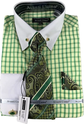 Avanti Uomo Men's Green Dress Shirt Tie Hanky Set Stone Collar Bar French Cuff - Image 1 of 4