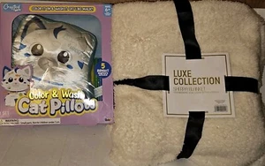 Luxe Collection Sherpa Blanket & Color + Wash Cat Pillow NEW - Picture 1 of 9