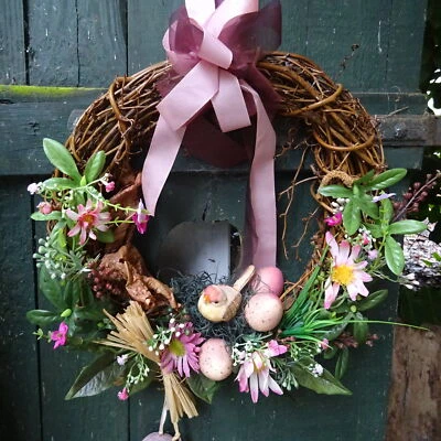 Türkranz Türdekoration Kranz Natur Dekokranz Weide Vogel Eier Seidenblumen rosa - Bild 1 von 4