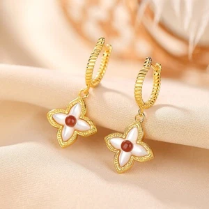 I02 Ohrringe Halbkreolen Stern Blume mit Perlmutt und Achat Silber 925 - Bild 1 von 6