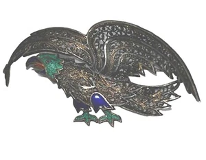 Vintage Filigree Eagle Pin Gilt Gold Over 800 Silver Enameled Features C Clasp - Imagen 1 de 7
