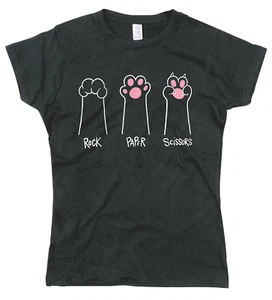 Divertida Camiseta Para Mujer Patas de Gato Roca Papel Tijeras Calce Regular Algodón Camiseta - Imagen 1 de 1