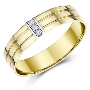 9ct Gelbgold Ring massiv drei Diamanten mit Rillen 5mm Ring - Bild 1 von 2