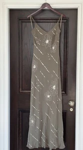 COAST - Ladies Khaki Evening Party Long Silk Dress With Embellishment - Size 12 - Picture 1 of 9
