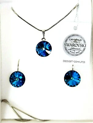 Marea 3 PC Set Argento Rotondo Blu 100% Cristallo Swarovski Collana Ciondolo, - Immagine 1 di 4