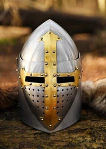 Christ Helmet – Polished Steel Pot Helmet with Foldable Visor | Brass Cross - Picture 1 of 10