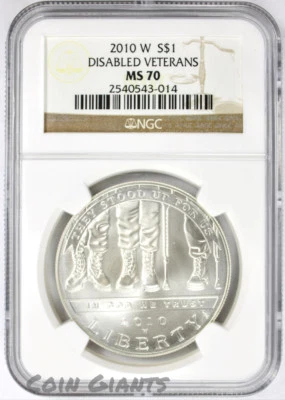 2010-W Disabled Veterans BU S$1 NGC MS 70 Modern Commem Silver Dollar Coin - Image 1 of 2