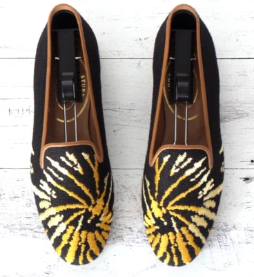 NEW! Women's $575 Stubbs & Wootton Black “SPIN ART" Slippers Loafers Shoes 7 - Image 1 of 4