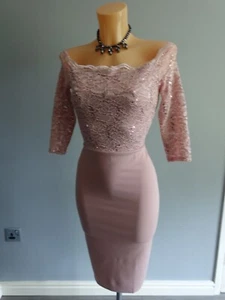 Quiz dress size 12 pink stretch bodycon sequin lace midi 1/2 sleeve cocktail - Picture 1 of 7