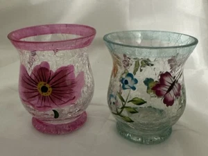 Vintage Hand Painted Crackle Glass Candle Holder Set of 2 Pink Blue Flowers - Picture 1 of 8