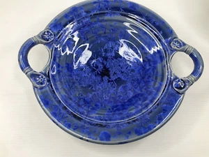 CRYSTALLINE GLAZE POTTERY DISH/BOWL - COLLECTABLE - BLUE 24CM X 21CM - Picture 1 of 7