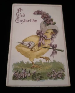 Antigua postal feliz marea de pascua pollito marchando espalda dividida victoriana Pascua sin usar - Imagen 1 de 3