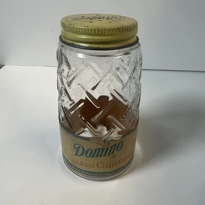 VINTAGE DOMINO CINNAMON SUGAR GLASS SHAKER JAR YELLOW LIDS HOLES - Image 1 of 4