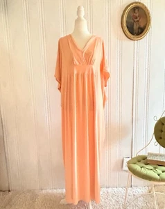 Vtg 70s Kaftan Dress Oversized Crepe Peach Women’s One Size Gown House Coat - Picture 1 of 5